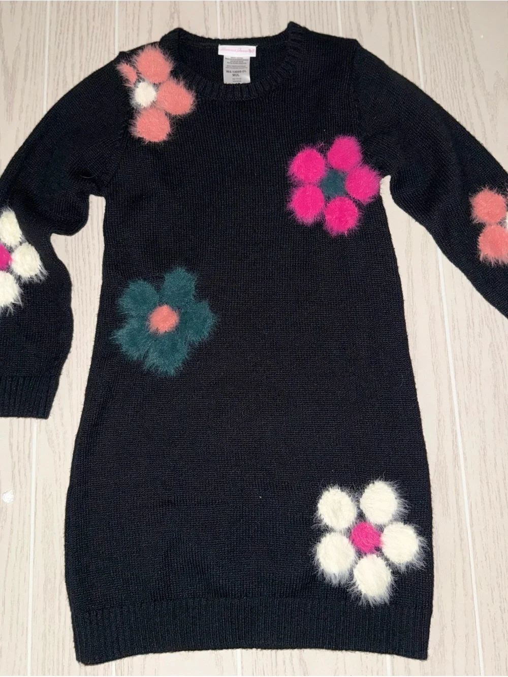 Black Knit Sweater Dress - Pink, Teal & Cream Flower Fuzzy Accents.  Girls 12